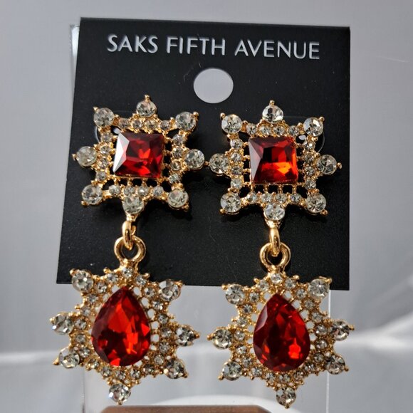 Saks Fifth Avenue Regal Looking Red Crystal Dangle Earrings - Picture 2 of 2